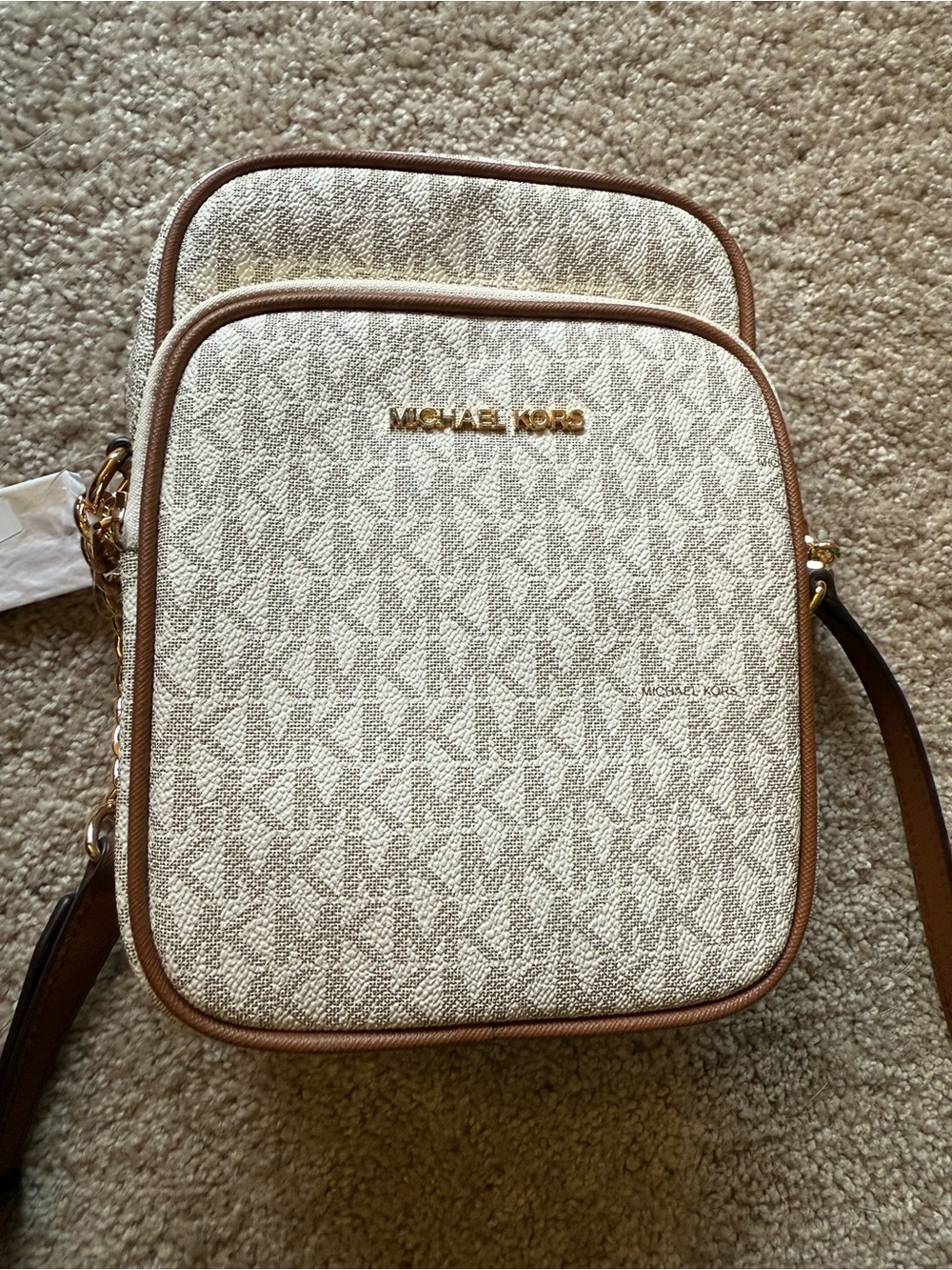 Michael Kors Cream Signature Canvas Crossbody with Brown Trim